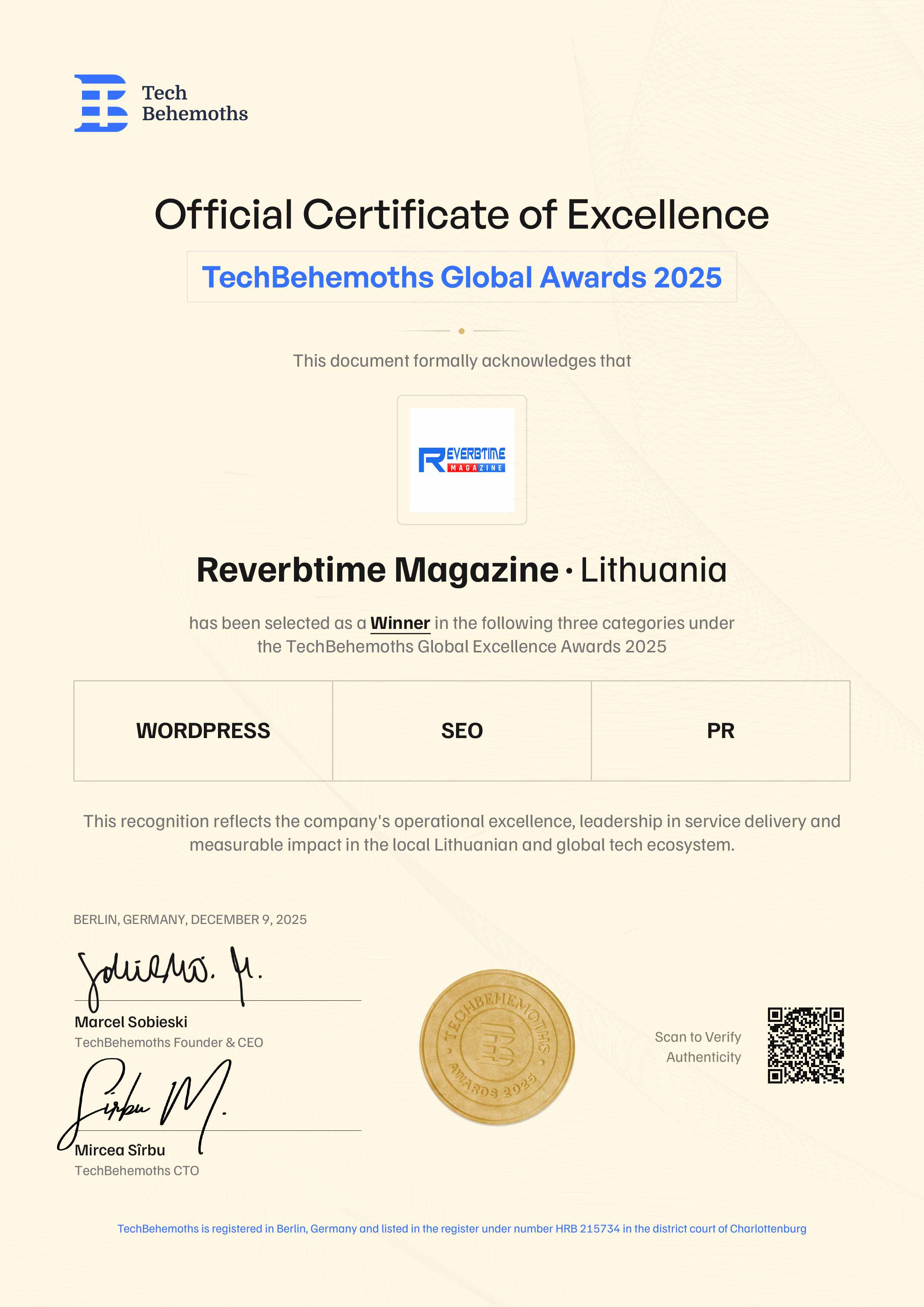 Reverbtime Magazine Award Certificate 2025